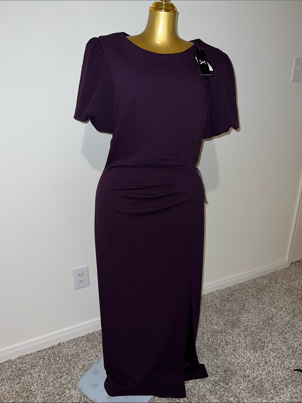 Xscape Deep Plum Maxi Dress with Puff Sleeves